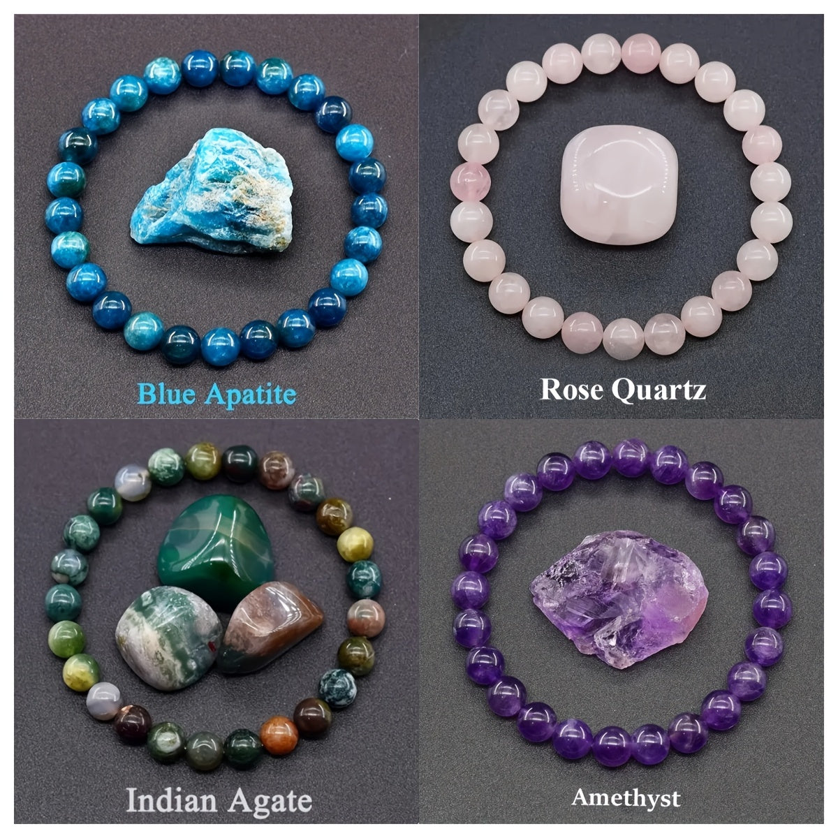 4pièces Ensemble de bracelets en pierre naturelle - Style bohème élégant avec de l'apatite bleue, de l'améthyste, du quartz rose et de l'agate indienne, parfait pour un usage quotidien ou comme cadeau, accessoire de tous les jours | Bracelet en pierre nat