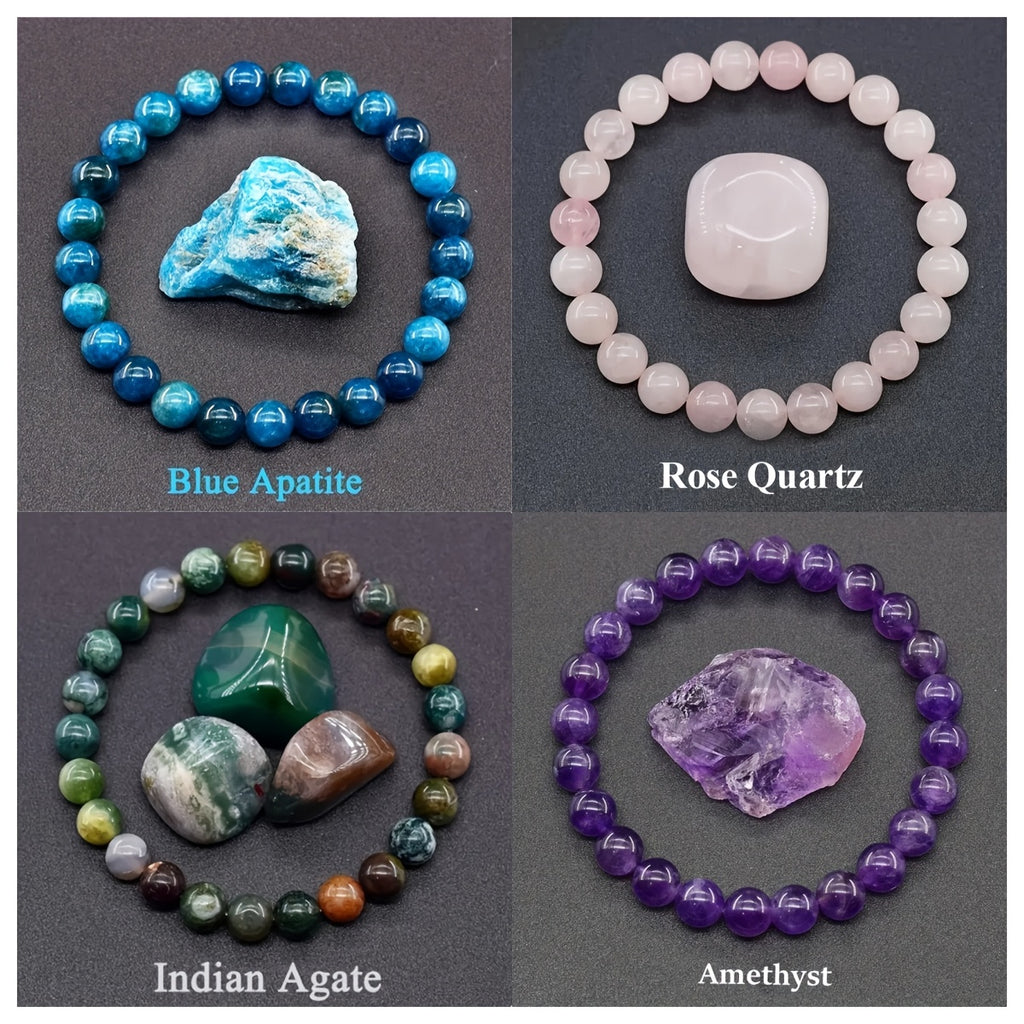 4pièces Ensemble de bracelets en pierre naturelle - Style bohème élégant avec de l'apatite bleue, de l'améthyste, du quartz rose et de l'agate indienne, parfait pour un usage quotidien ou comme cadeau, accessoire de tous les jours | Bracelet en pierre nat