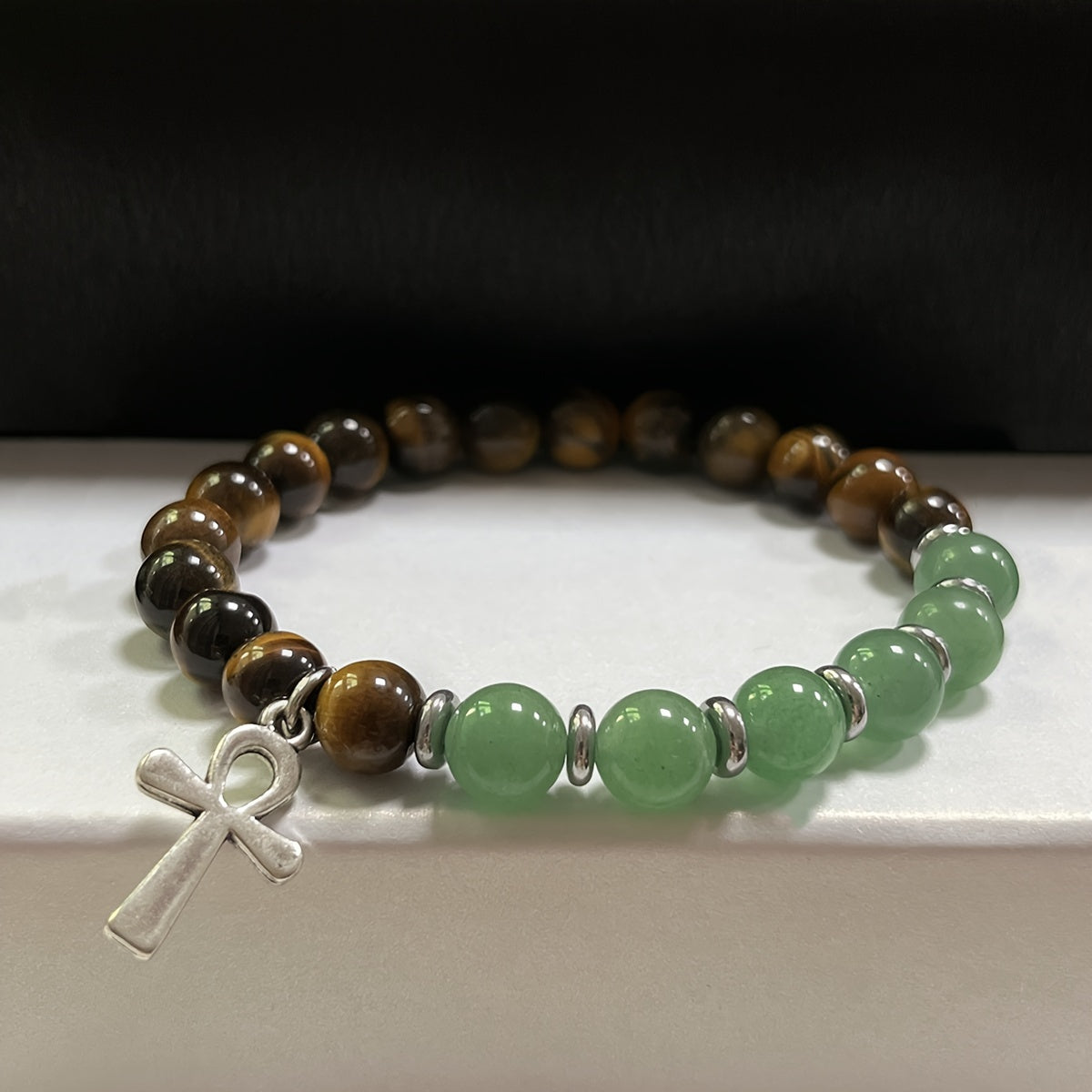 Bracelet Ankh - La Clé de Vie Perles en Pierre Naturelle, 8mm Rondes Œil de Tigre & Aventurine Verte Fait Main, Bijoux Bohème Olive Marron & Vert pour Hommes & Femmes, Symbole de Vie Éternelle et Prospérité Porte-Bonheur, Accessoires Unisexes, Style Vinta
