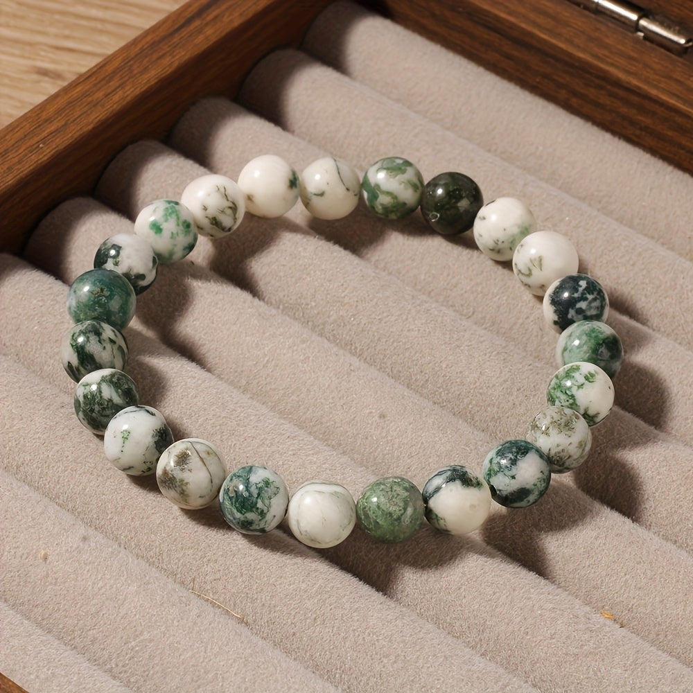 Bracelet en Agate Mousse Naturelle Artisanal - Perles rondes de 8 mm aux motifs marbrés, vert clair et blanc, Bijou unisexe pour tenue décontractée, Cadeau attentionné pour amis, sœurs, aînés (Pierre de naissance de septembre), Perles en pierre, Accessoir