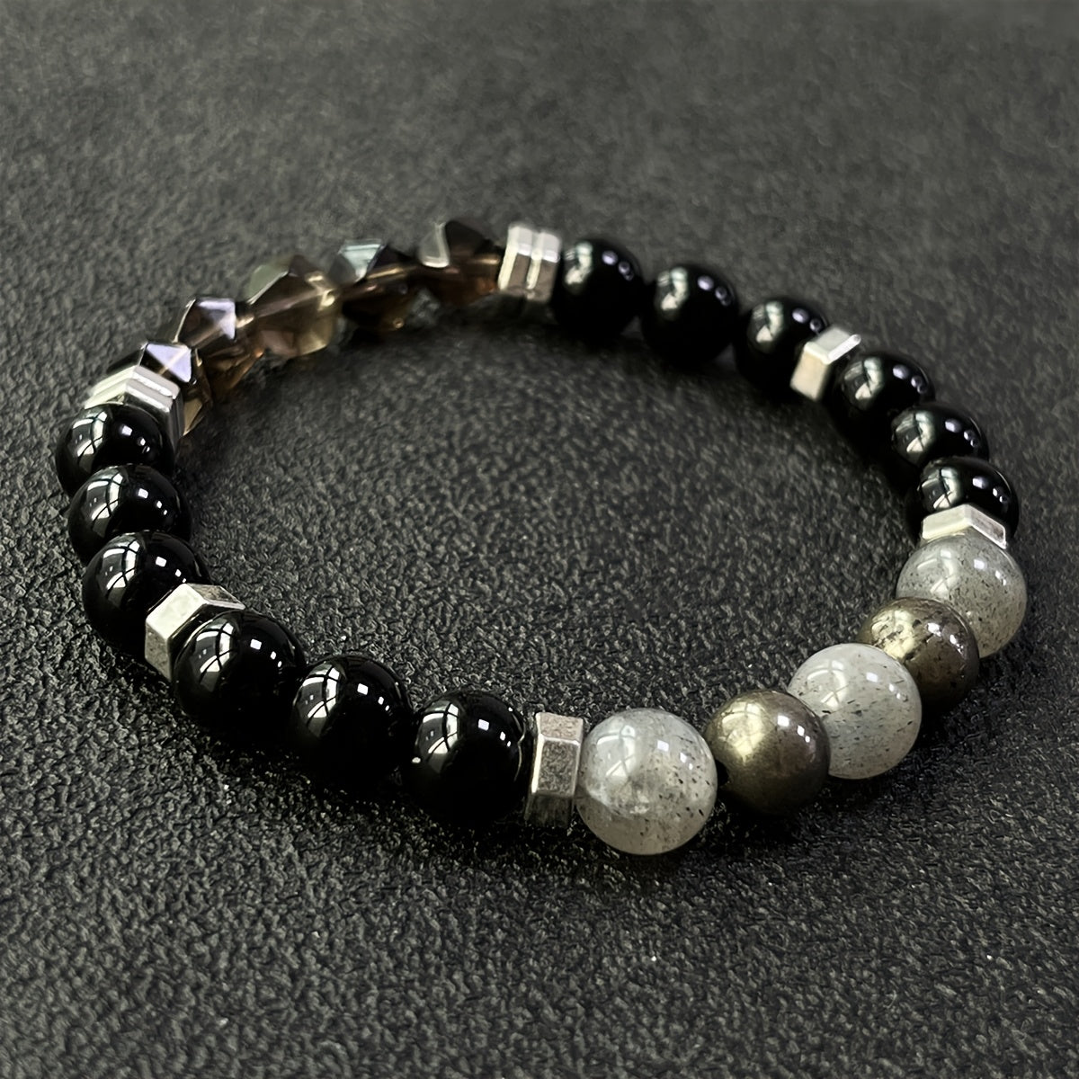 Bracelet de Protection Empathique/Labradorite de haute qualité, pyrite, obsidienne, perles en quartz fumé facettées faites à la main en pierre naturelle - Bijoux en cristal pour force intérieure, courage & confiance Cadeaux de vacances pour famille et amo