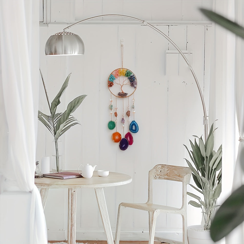 1 pièce Attrape-Rêves Artisanal Arbre de Vie Décoration Murale Ornement pour Maison avec Pierre de Cristal pour Décoration Boho Maison Jardin