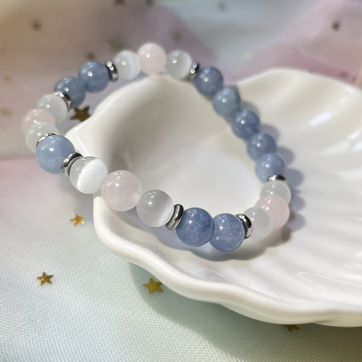 Bracelet Reiki 8mm en Pierre Naturelle - Perles rondes en Aigue-marine, Quartz Rose et Sélénite - Bijou Bohème pour la Paix Intérieure, l'Amour et le Courage - Accessoire de Mode Féminin - Cadeau de Fête, Saint-Valentin ou Fête des Mères