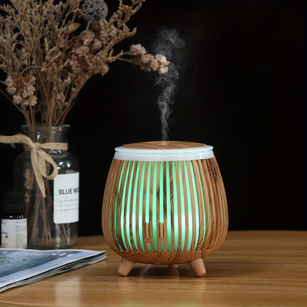 1pièce Diffuseur ultrasonique à grain de bois, diffuseur d'huiles essentielles ultrasonique, humidificateur ultrasonique, compatible avec les huiles essentielles, design créatif à grain de bois, minuterie, arrêt automatique sans eau, lumières LED colorées