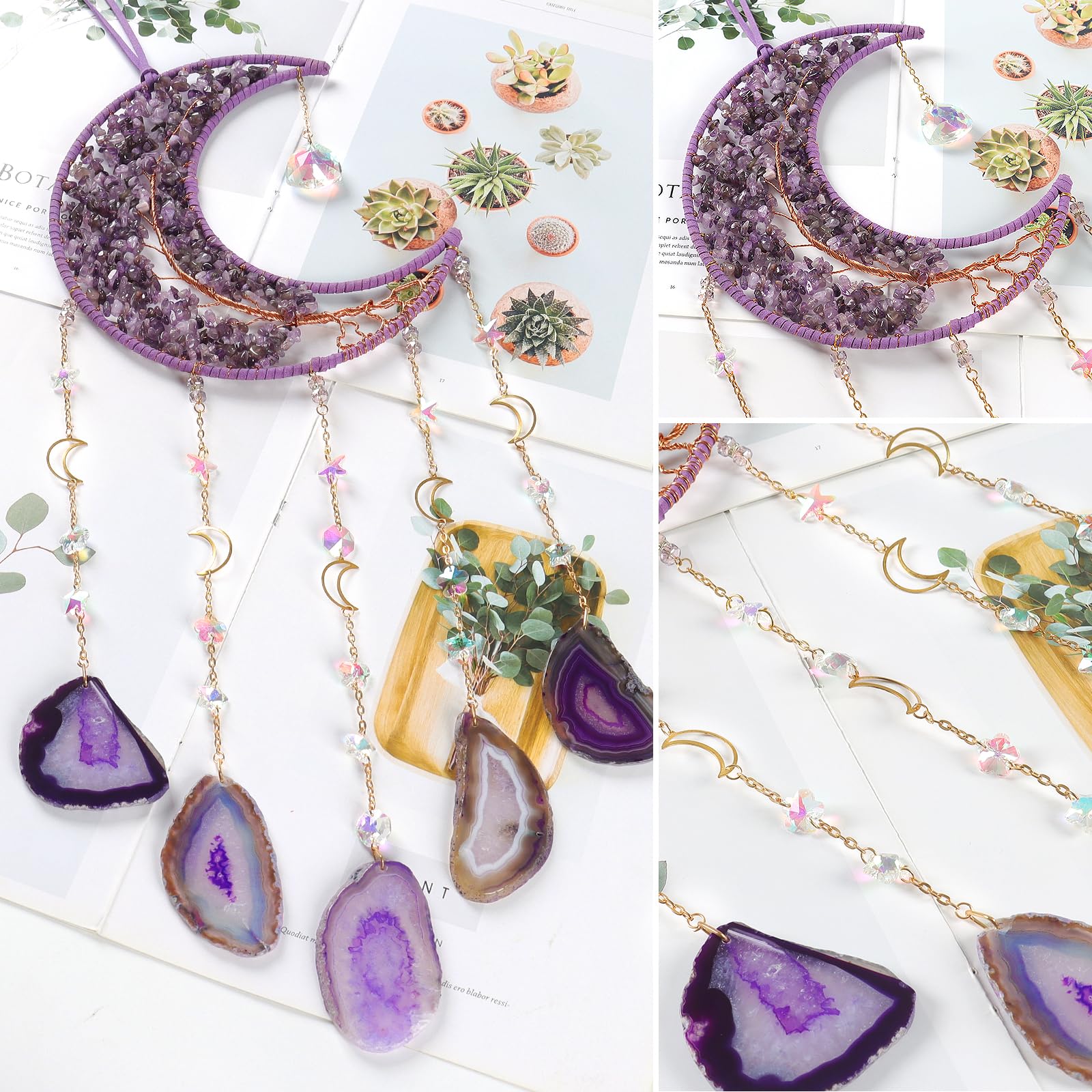 1pièce Attrape-rêves Lune en Agate Naturelle, Style Glamme Arbre de Vie Suspendu au Mur, Pierre Cristalle Violette Géme, Pas de Plumes, Matériau Pierre, pour la Décoration de la Maison, le Jardin, la Chambre, Idéal pour Noël, Halloween, Pâques, Hanoukka,