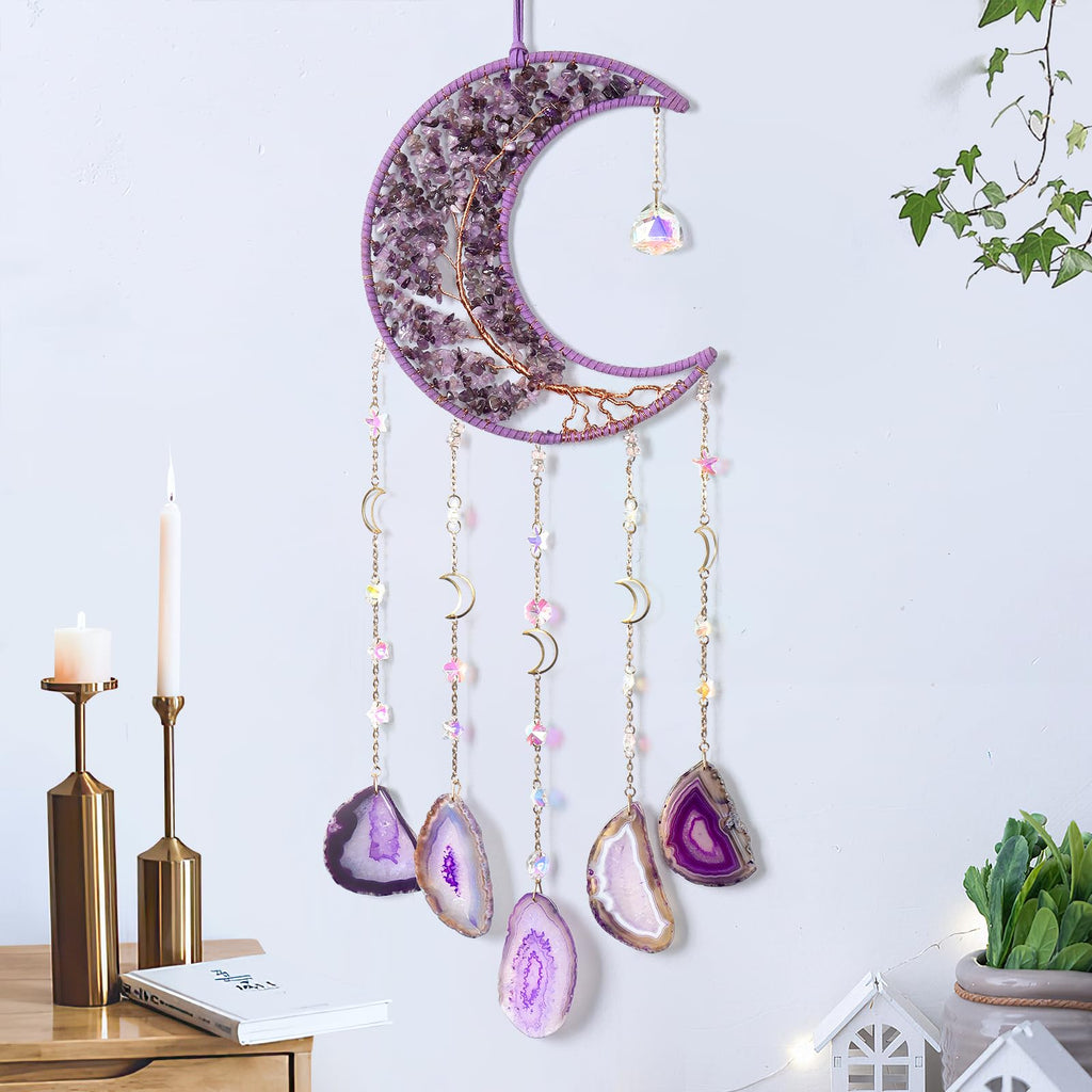 1pièce Attrape-rêves Lune en Agate Naturelle, Style Glamme Arbre de Vie Suspendu au Mur, Pierre Cristalle Violette Géme, Pas de Plumes, Matériau Pierre, pour la Décoration de la Maison, le Jardin, la Chambre, Idéal pour Noël, Halloween, Pâques, Hanoukka,