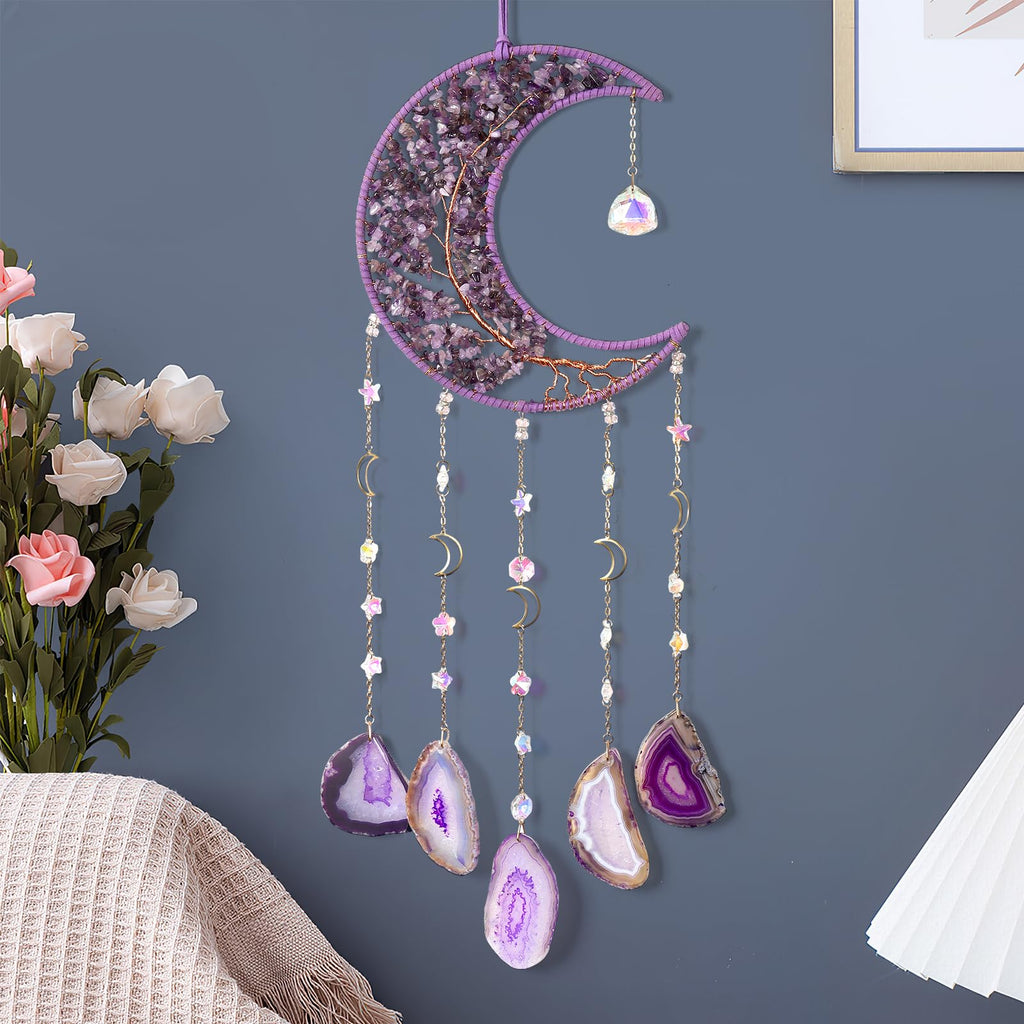 1pièce Attrape-rêves Lune en Agate Naturelle, Style Glamme Arbre de Vie Suspendu au Mur, Pierre Cristalle Violette Géme, Pas de Plumes, Matériau Pierre, pour la Décoration de la Maison, le Jardin, la Chambre, Idéal pour Noël, Halloween, Pâques, Hanoukka,