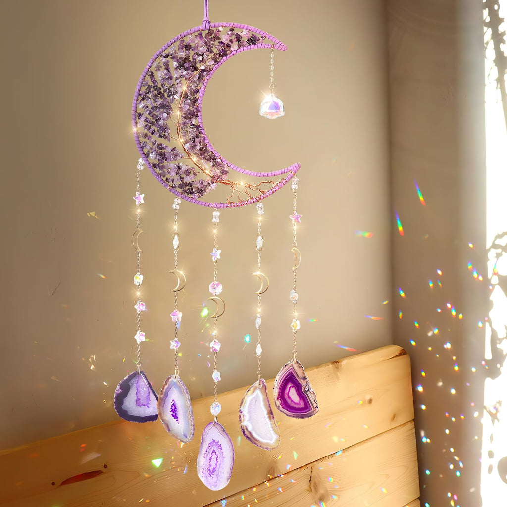 1pièce Attrape-rêves Lune en Agate Naturelle, Style Glamme Arbre de Vie Suspendu au Mur, Pierre Cristalle Violette Géme, Pas de Plumes, Matériau Pierre, pour la Décoration de la Maison, le Jardin, la Chambre, Idéal pour Noël, Halloween, Pâques, Hanoukka,