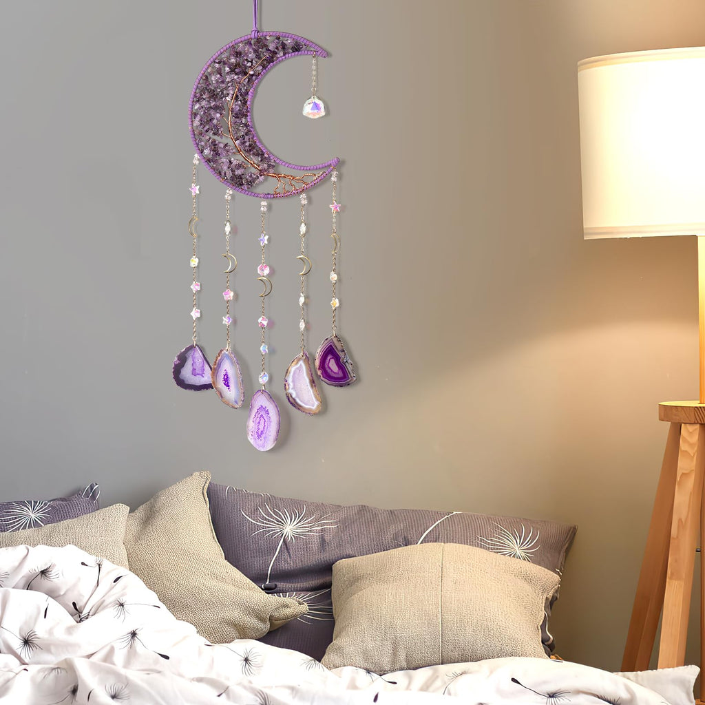 1pièce Attrape-rêves Lune en Agate Naturelle, Style Glamme Arbre de Vie Suspendu au Mur, Pierre Cristalle Violette Géme, Pas de Plumes, Matériau Pierre, pour la Décoration de la Maison, le Jardin, la Chambre, Idéal pour Noël, Halloween, Pâques, Hanoukka,