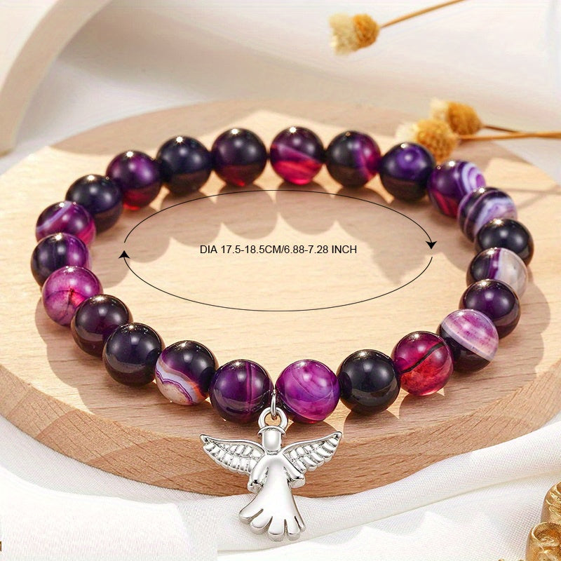 1 pc. Bracelet ailes d'ange inspirant avec perles en pierre naturelle - Agate violette élégante, design classique, accessoire quotidien, cadeau toutes saisons avec perles flottantes, bijoux d'ange