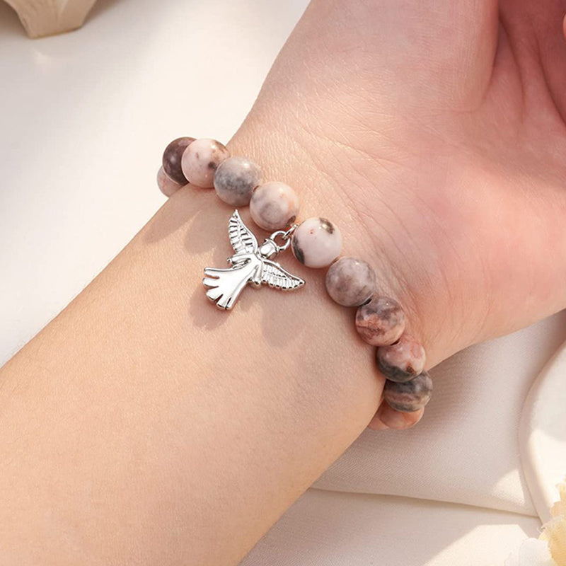 1 pc. Bracelet ailes d'ange inspirant avec perles en pierre naturelle - Agate violette élégante, design classique, accessoire quotidien, cadeau toutes saisons avec perles flottantes, bijoux d'ange