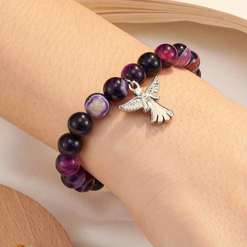 1 pc. Bracelet ailes d'ange inspirant avec perles en pierre naturelle - Agate violette élégante, design classique, accessoire quotidien, cadeau toutes saisons avec perles flottantes, bijoux d'ange