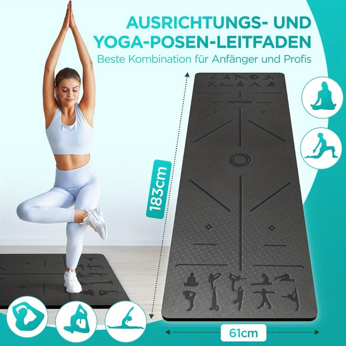 Tapis de yoga en TPE d'épaisseur de 6 mm - Tapis d'entraînement durable et antidérapant pour la salle de sport à domicile, le Pilates et la méditation, noir, 183x61 cm, matériau TPE durable