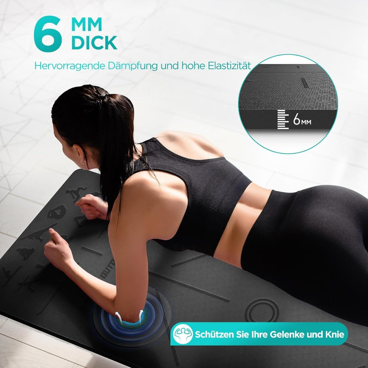 Tapis de yoga en TPE d'épaisseur de 6 mm - Tapis d'entraînement durable et antidérapant pour la salle de sport à domicile, le Pilates et la méditation, noir, 183x61 cm, matériau TPE durable