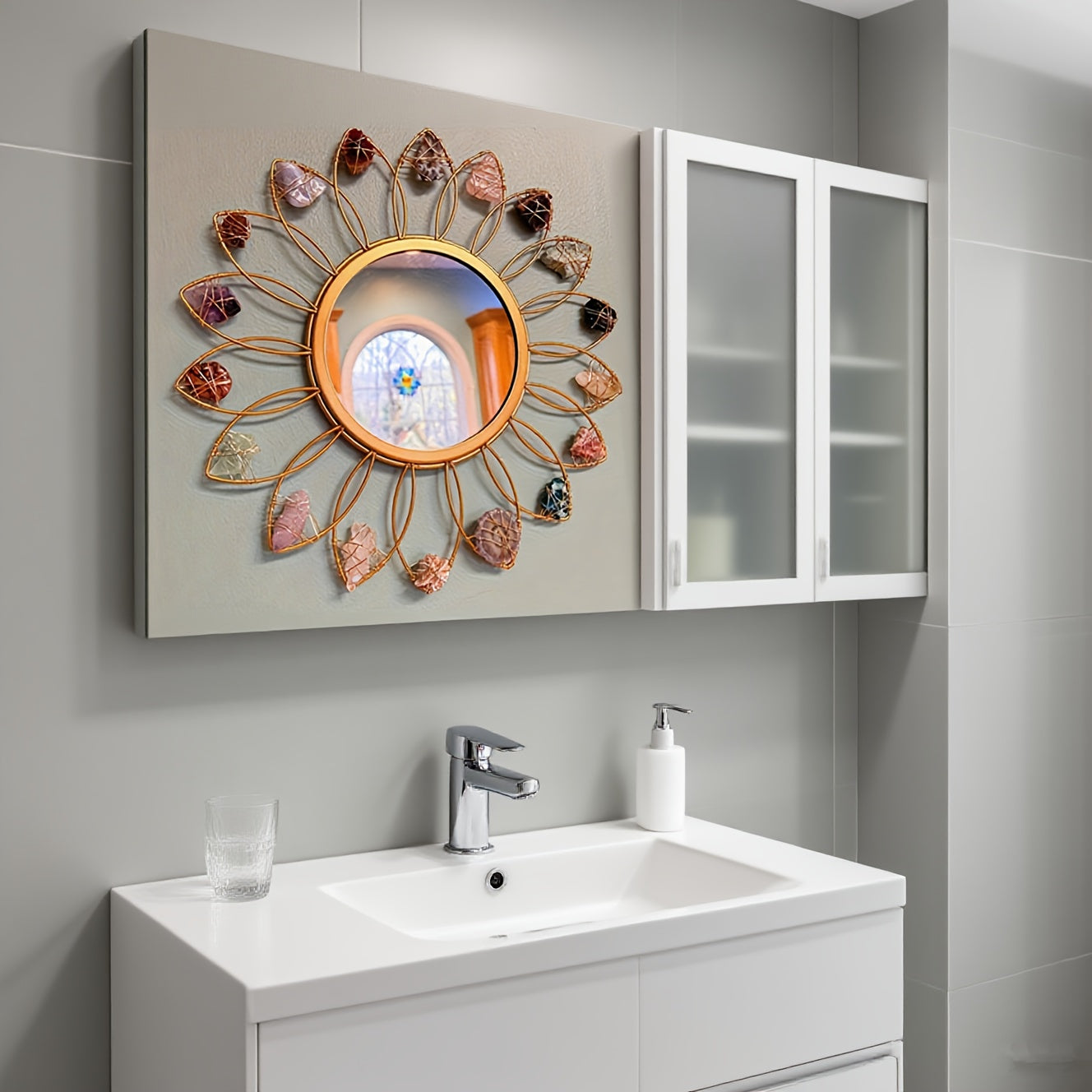 Miroir mural en cristal bohème de 30,48 cm avec pierres naturelles - Grand design rond rayonnant dans les couleurs rose, clair, violet, noir, marron, rouge, blanc, gris et beige - Décoration fermière pour salon, chambre à coucher ou entrée - Cadeau élégan