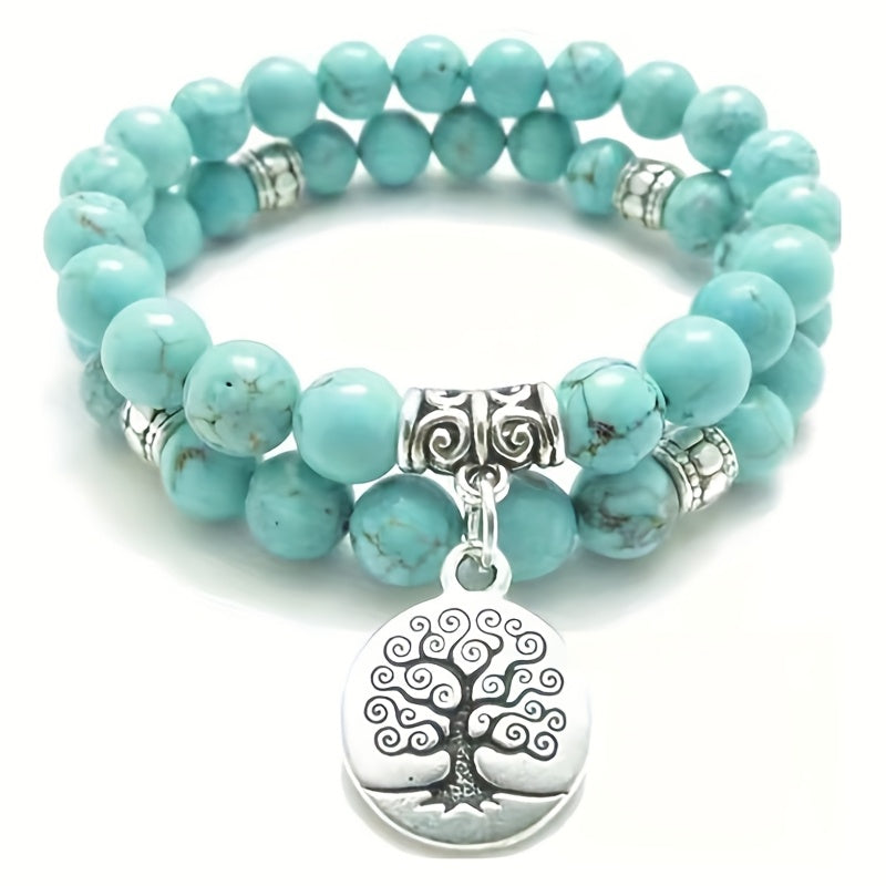 1 Ensemble Bracelet Arbre de la Sagesse en Turquoise Vintage Naturelle de Haute Qualité 8mm