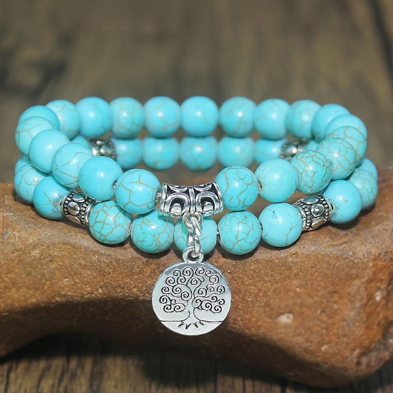 1 Ensemble Bracelet Arbre de la Sagesse en Turquoise Vintage Naturelle de Haute Qualité 8mm