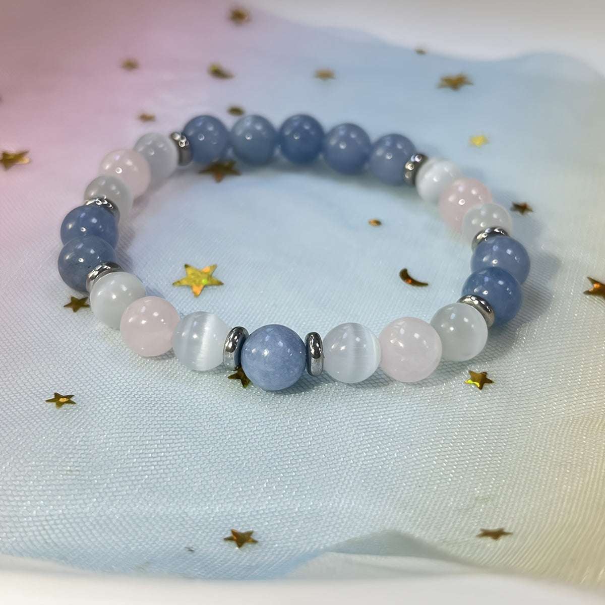 Bracelet Reiki 8mm en Pierre Naturelle - Perles rondes en Aigue-marine, Quartz Rose et Sélénite - Bijou Bohème pour la Paix Intérieure, l'Amour et le Courage - Accessoire de Mode Féminin - Cadeau de Fête, Saint-Valentin ou Fête des Mères