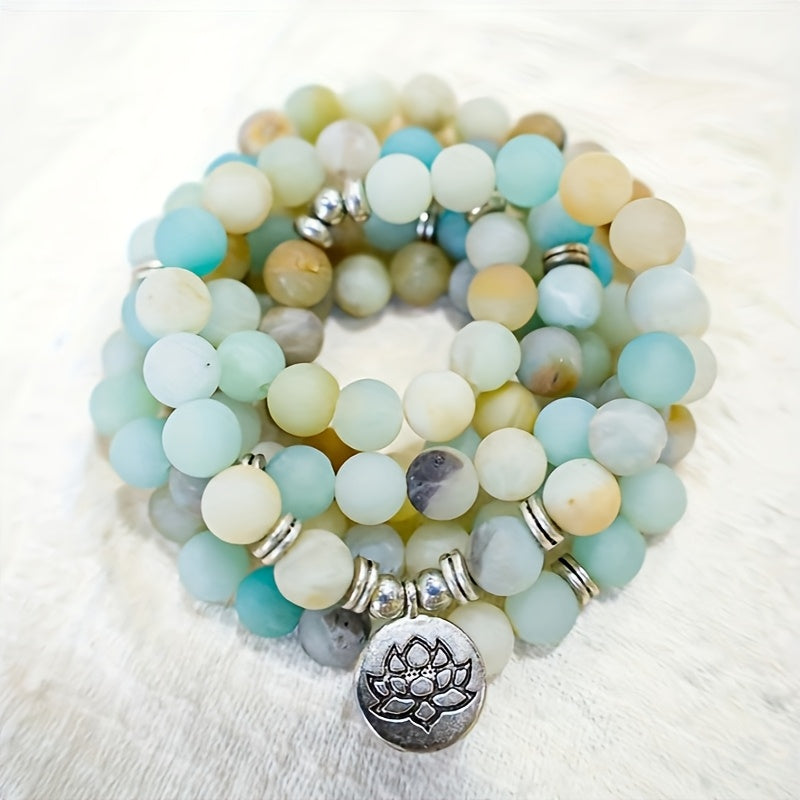 Bracelet mala 108 perles en pierre amazonite, création tribale sans alimentation, packag éthique