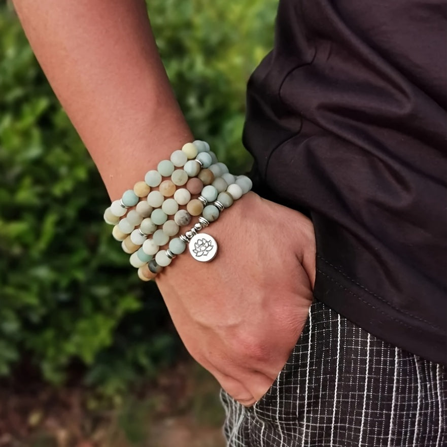 Bracelet mala 108 perles en pierre amazonite, création tribale sans alimentation, packag éthique