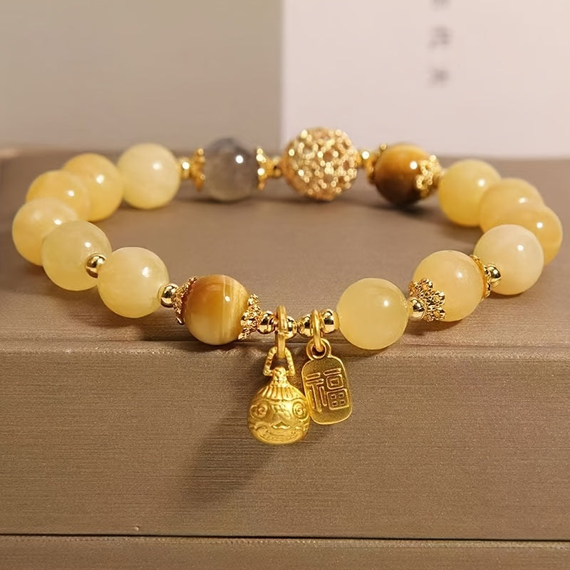 Bracelet en Perles de Citrine Naturelle avec Charme Doré - Style Bohème, Idéal pour Tenue Décontractée et Cadeaux