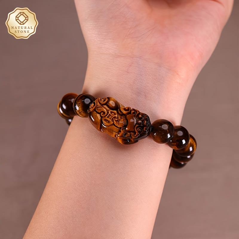 1pc Bracelet Femme en Pierre Œil de Tigre - Effet Marbré Naturel Brun & Doré, Design Élastique avec Perle Tête d'Lion et Pierres Oeil-de-Tigre (12-13mm) - Boîte Cadeau Bijou Elégant Incluse pour Quotidien ou Anniversaire/Célébration Tonaux : Noir/Brun Dor