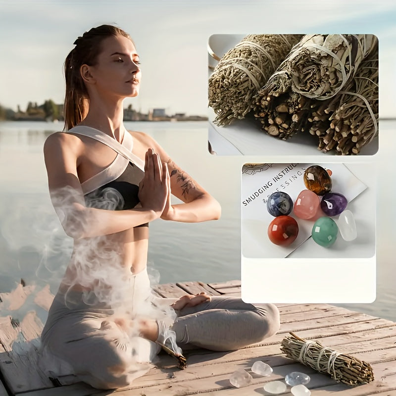 Kit de Purification à la Sauge, 5 Bâtons d'Encens de Sauge Blanche, 2 Pièces de Bois Sacré, 7 Pierres Synthétiques Colorées des Chakras | Essentiels Rituels Artisanaux, Collection Cadeau de Luxe