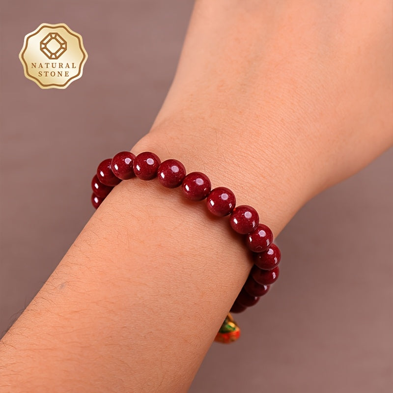 1pièce Bracelet de perles de pierre de cinnabar - 8mm Corde élastique de haute qualité, Bijoux de style chinois vintage avec des perles intriquées et des accents de pierre naturelle, Port quotidien et prêt à offrir, Accessoire polyvalent toutes saisons po