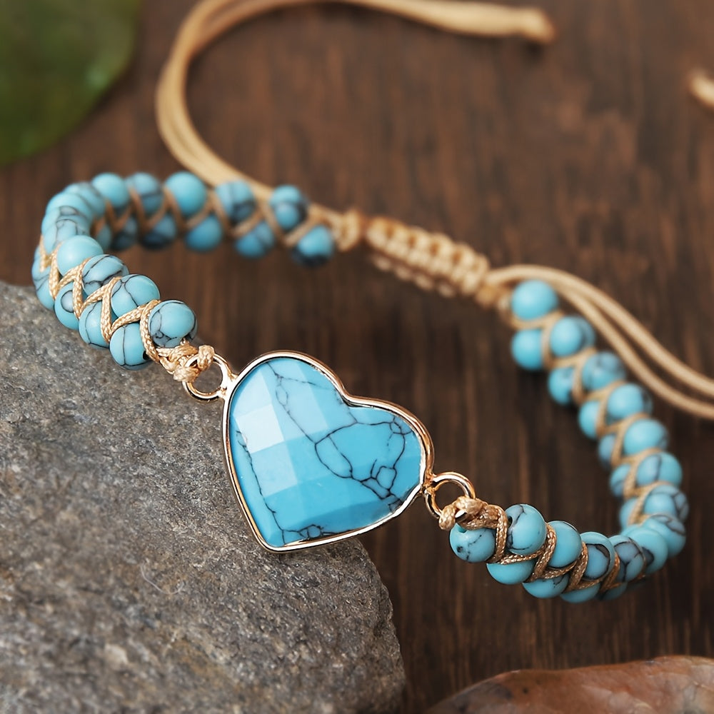 1pc Bracelet Bohème Tressé en Pierre de Turquoise Naturelle avec Pendentif Cœur Doré - Bijou Unisexe pour Femmes & Hommes, Port Quotidien et Vacances, Cadeau Unique pour Anniversaires, Fêtes