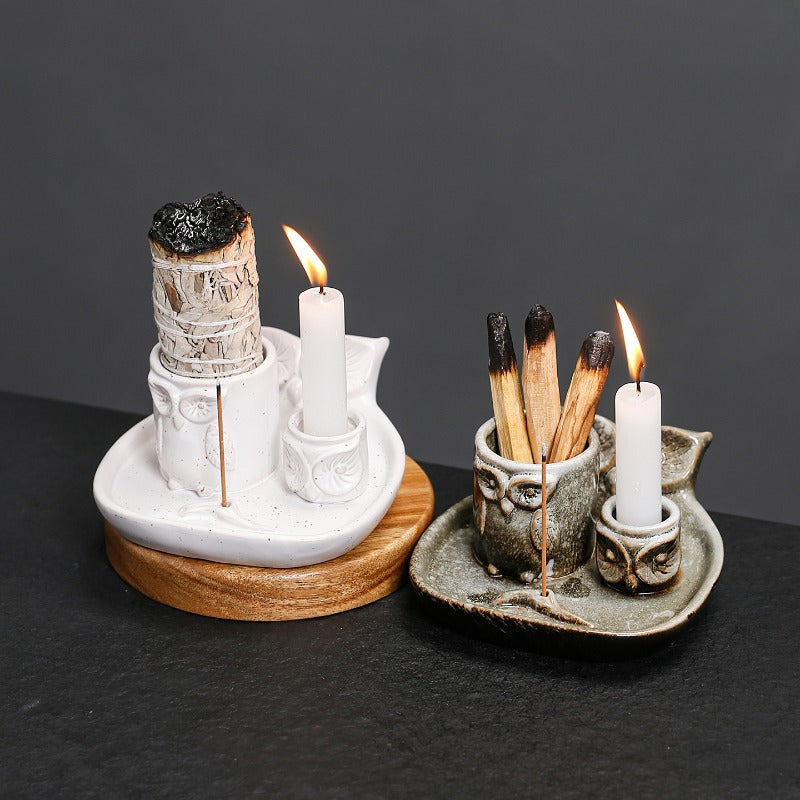 1pc Minideal Porte-Boîte à Bougie en Forme de Hibou - Plateau Brûleur Sage & Palo Santo Style Nordique, Porte-Encens en Céramique pour Décoration Intérieure, Pas d'Électricité Nécessaire, Parfait pour Noël, Halloween, Pâques, Thanksgiving, Et Plus, Décora