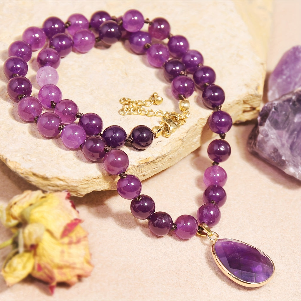 1pc Collier pendentif en améthyste naturel avec perles rondes - Style vintage bohème, bijoux en pierre violette pour femmes, cadeau quotidien idéal, collier bohème chic | Collier de style vintage | Perles en pierre naturelle, bijoux bohème
