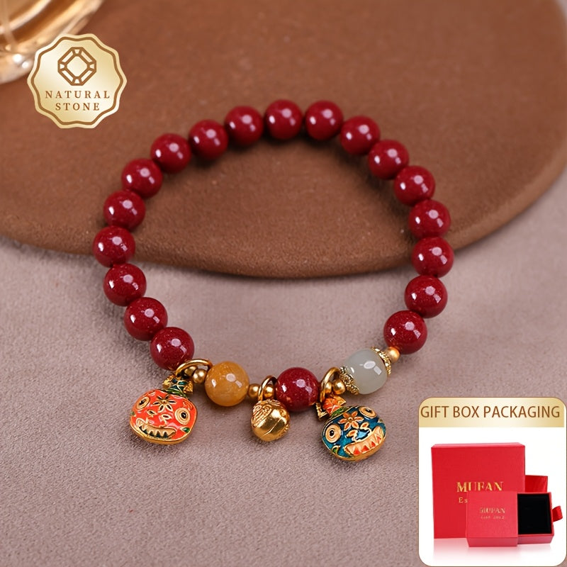 1pièce Bracelet de perles de pierre de cinnabar - 8mm Corde élastique de haute qualité, Bijoux de style chinois vintage avec des perles intriquées et des accents de pierre naturelle, Port quotidien et prêt à offrir, Accessoire polyvalent toutes saisons po