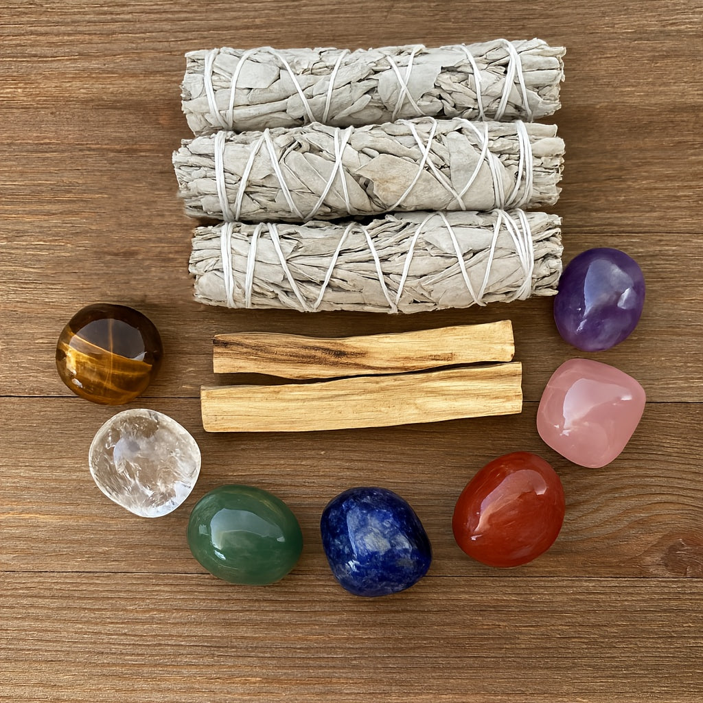Kit de Purification à la Sauge, 5 Bâtons d'Encens de Sauge Blanche, 2 Pièces de Bois Sacré, 7 Pierres Synthétiques Colorées des Chakras | Essentiels Rituels Artisanaux, Collection Cadeau de Luxe