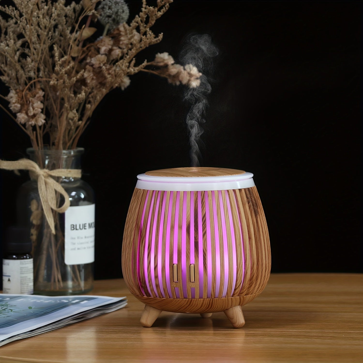 1pièce Diffuseur ultrasonique à grain de bois, diffuseur d'huiles essentielles ultrasonique, humidificateur ultrasonique, compatible avec les huiles essentielles, design créatif à grain de bois, minuterie, arrêt automatique sans eau, lumières LED colorées