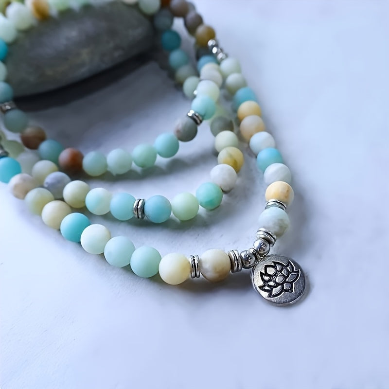 Bracelet mala 108 perles en pierre amazonite, création tribale sans alimentation, packag éthique