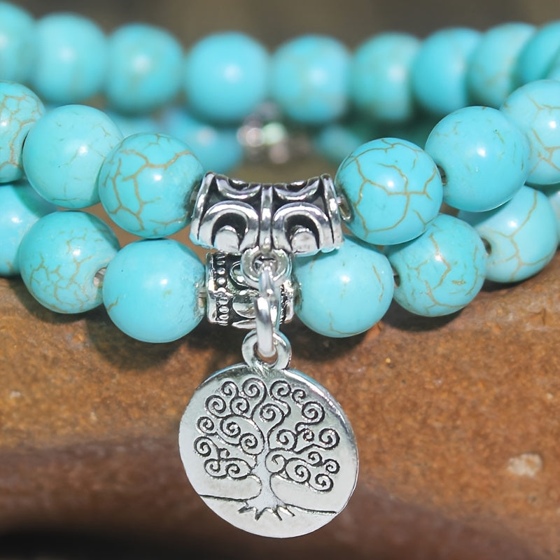 1 Ensemble Bracelet Arbre de la Sagesse en Turquoise Vintage Naturelle de Haute Qualité 8mm