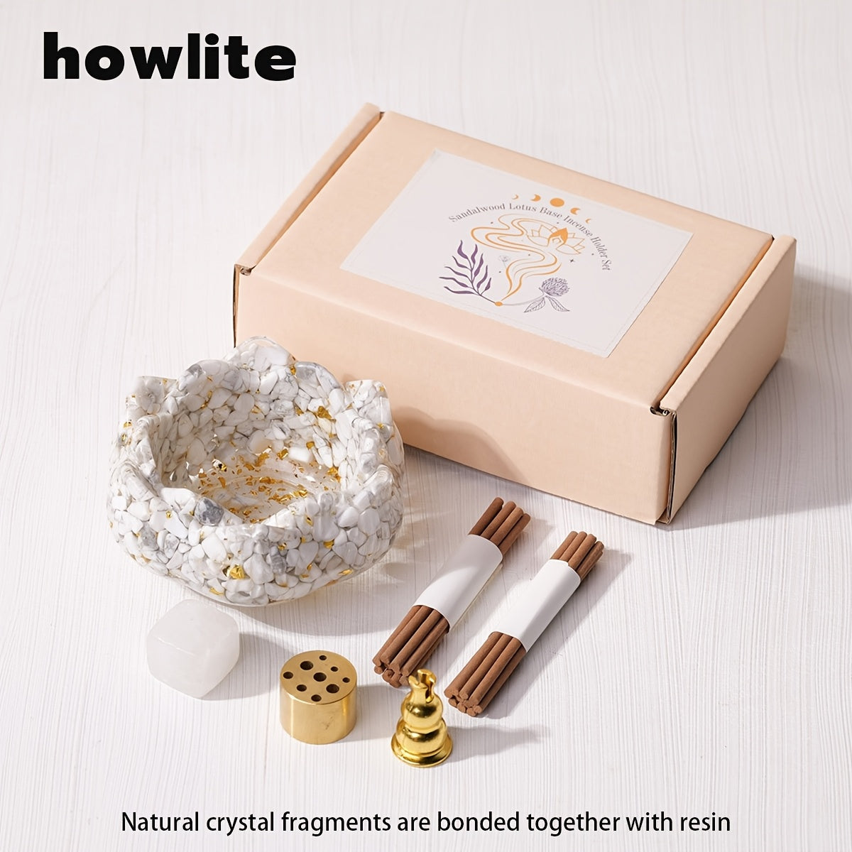 Ensemble de Brûleur d'Encens Lotus Runyangshi Zen avec Pierres de Cristal Naturelles - Décor Polyvalent Intérieur/Extérieur, Parfait pour la Maison & les Cérémonies du Thé, Colle en Gouttelettes, Fissures Irrégulières et Petits Trous