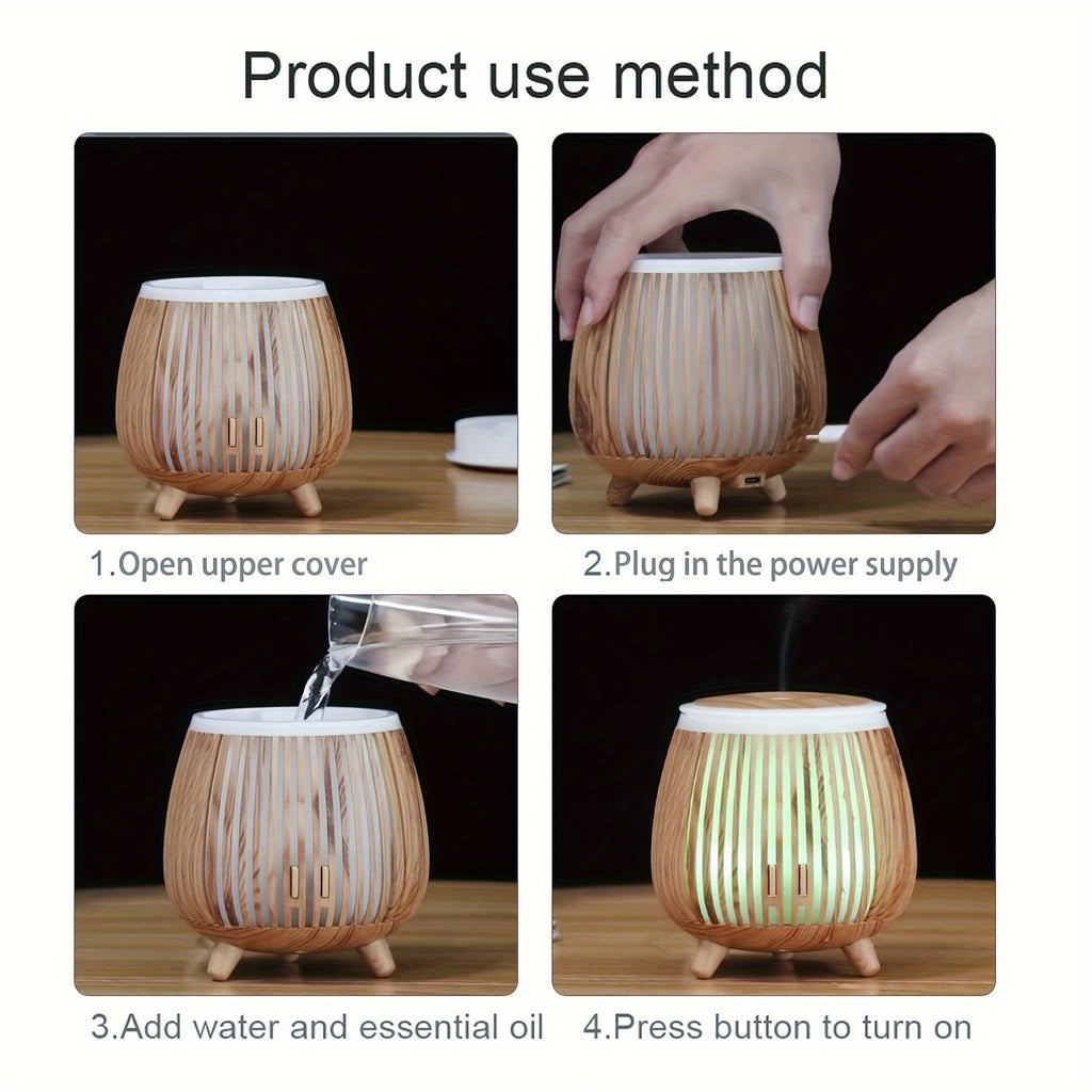 1pièce Diffuseur ultrasonique à grain de bois, diffuseur d'huiles essentielles ultrasonique, humidificateur ultrasonique, compatible avec les huiles essentielles, design créatif à grain de bois, minuterie, arrêt automatique sans eau, lumières LED colorées