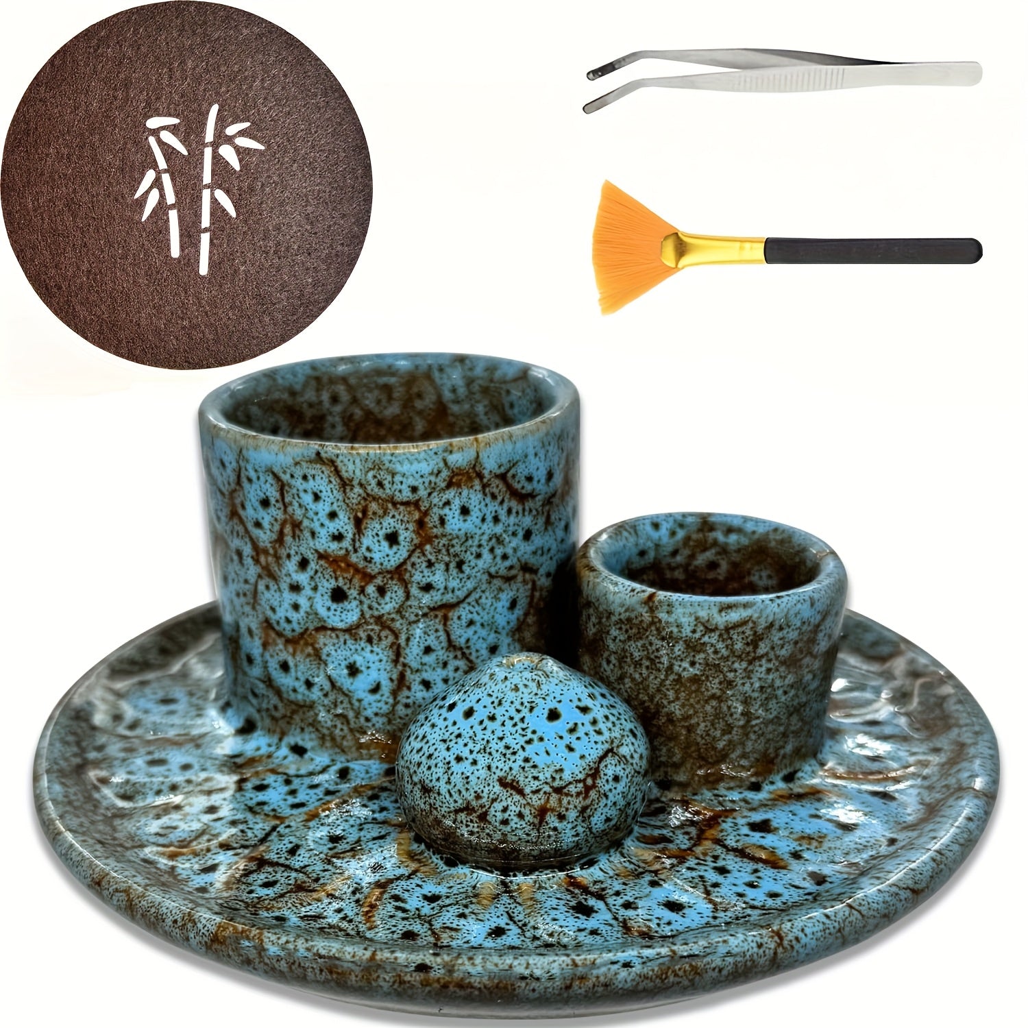 Ensemble de 4 porte-bougies en céramique de qualité supérieure - Brûleur d'encens 4-en-1, porte-bâton parfumé, porte-encens de sauge, plateau de décoration intérieure élégant, comprend 1 brosse de nettoyage, porte-bougies pour la décoration intérieure, po