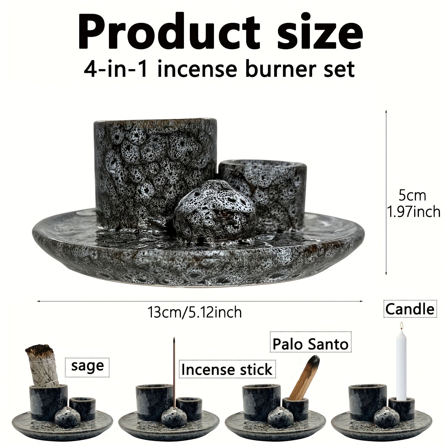 Ensemble de 4 porte-bougies en céramique de qualité supérieure - Brûleur d'encens 4-en-1, porte-bâton parfumé, porte-encens de sauge, plateau de décoration intérieure élégant, comprend 1 brosse de nettoyage, porte-bougies pour la décoration intérieure, po