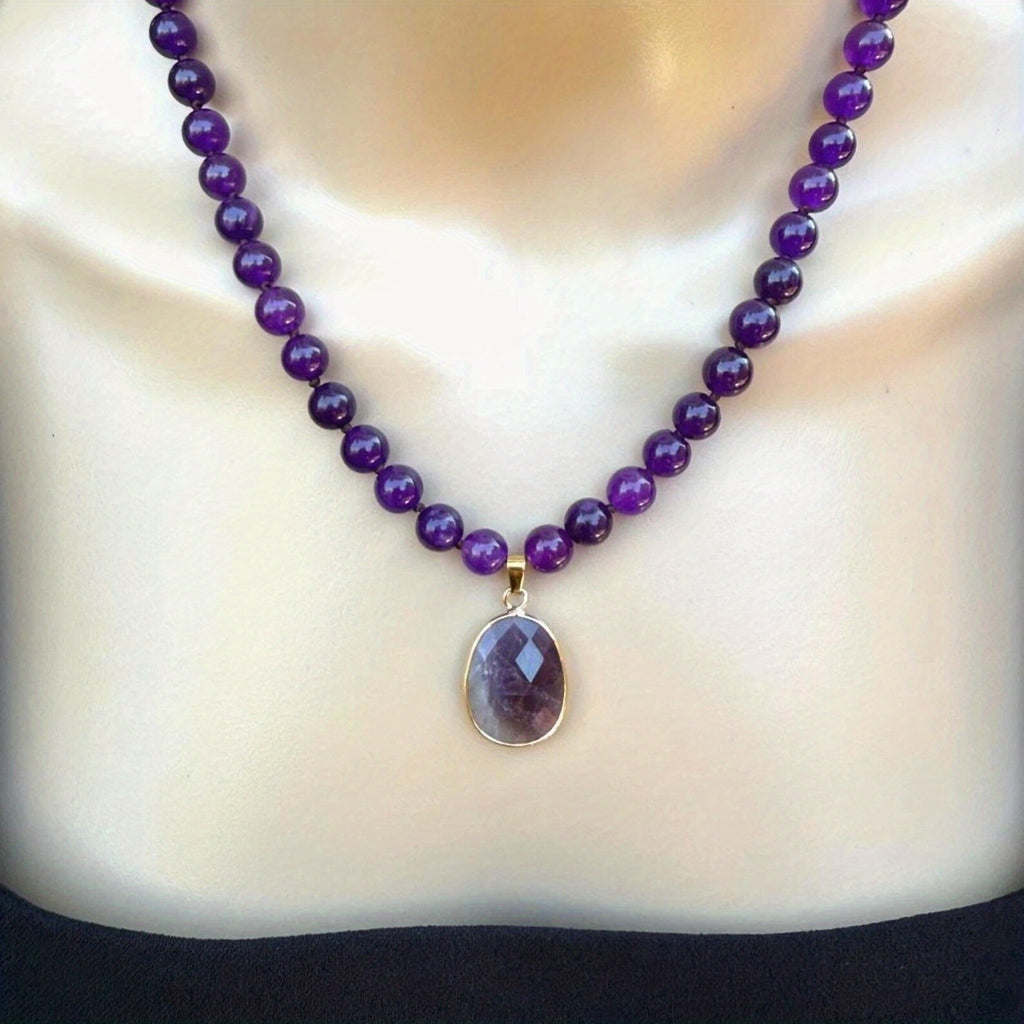 1pc Collier pendentif en améthyste naturel avec perles rondes - Style vintage bohème, bijoux en pierre violette pour femmes, cadeau quotidien idéal, collier bohème chic | Collier de style vintage | Perles en pierre naturelle, bijoux bohème