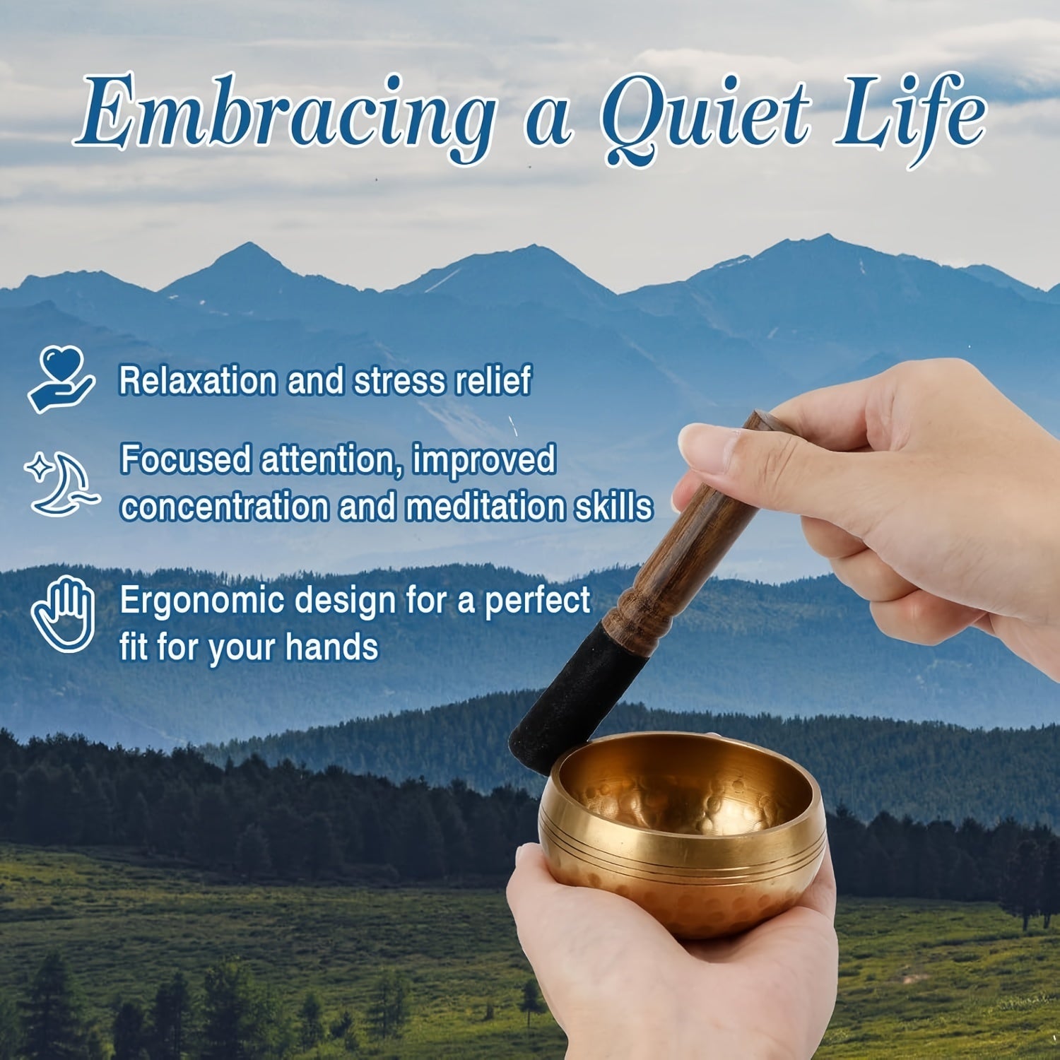 Bol chantant tibétain 8 cm avec maillet en bois, coussin, 7 pierres chakra, porte-encrier et sac, pour méditation, yoga et relaxation