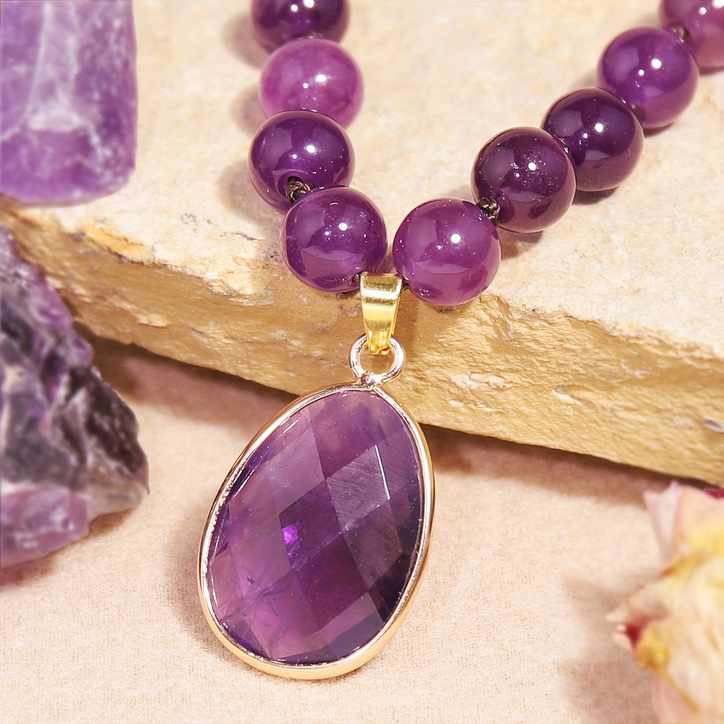 1pc Collier pendentif en améthyste naturel avec perles rondes - Style vintage bohème, bijoux en pierre violette pour femmes, cadeau quotidien idéal, collier bohème chic | Collier de style vintage | Perles en pierre naturelle, bijoux bohème