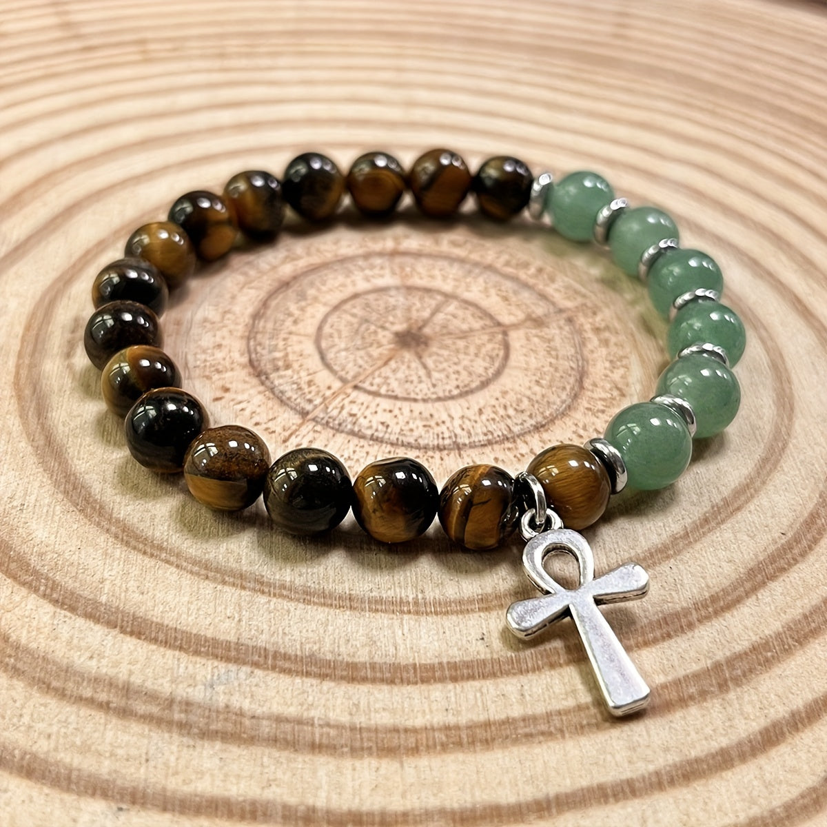 Bracelet Ankh - La Clé de Vie Perles en Pierre Naturelle, 8mm Rondes Œil de Tigre & Aventurine Verte Fait Main, Bijoux Bohème Olive Marron & Vert pour Hommes & Femmes, Symbole de Vie Éternelle et Prospérité Porte-Bonheur, Accessoires Unisexes, Style Vinta