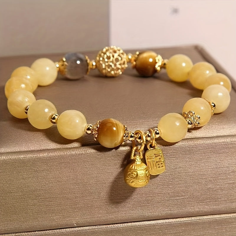 Bracelet en Perles de Citrine Naturelle avec Charme Doré - Style Bohème, Idéal pour Tenue Décontractée et Cadeaux