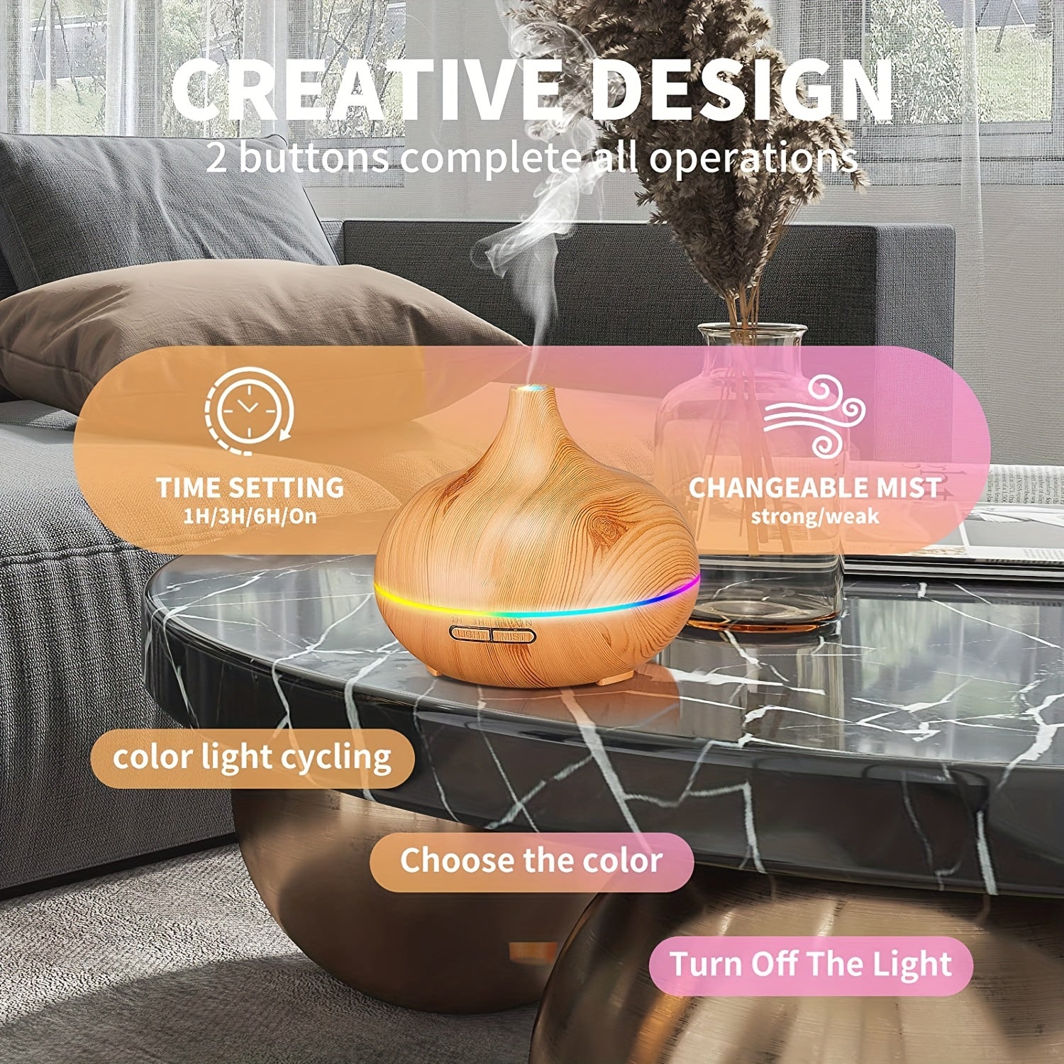 1pièce 500Ml Diffuseur d'huiles essentielles, humidificateur d'air ultrasonique silencieux, humidificateur à commande de bouton avec minuterie pour une brume continue, adapté aux salons, chambres, bureaux et hôtels.