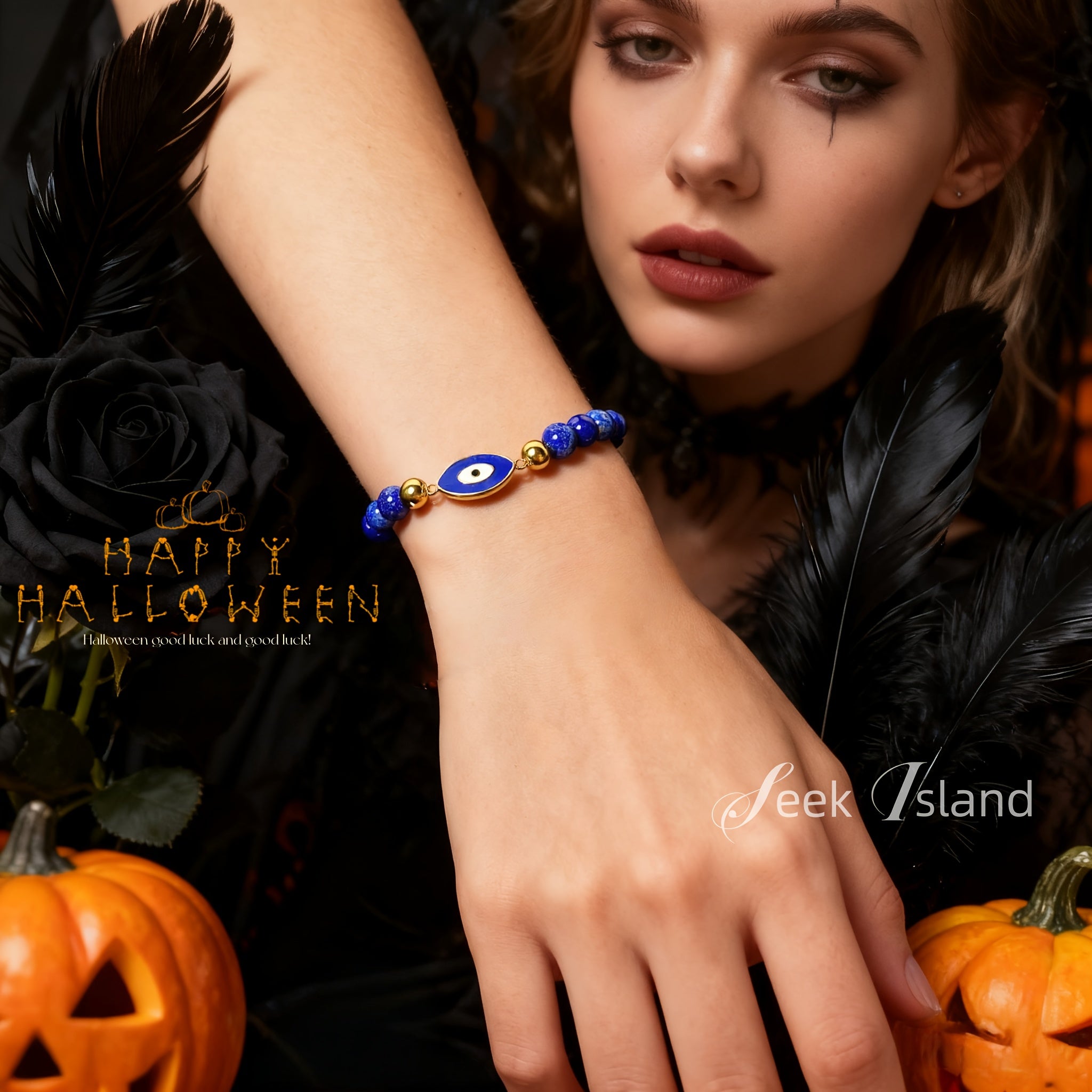 Bracelet en Lapis-Lazuli et Cristal Œil du Mal - 100 % fait main, haute qualité. Perles de 6 mm, boîte cadeau Halloween. Idéal comme cadeau réfléchi pour Halloween ou Noël
