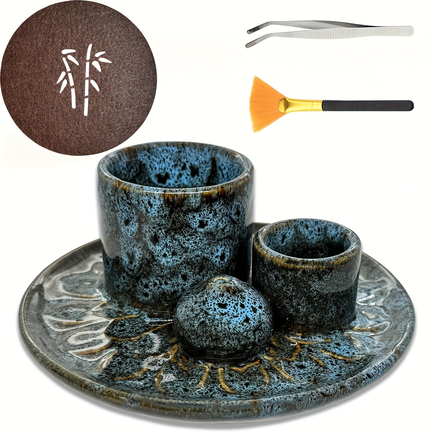 Ensemble de 4 porte-bougies en céramique de qualité supérieure - Brûleur d'encens 4-en-1, porte-bâton parfumé, porte-encens de sauge, plateau de décoration intérieure élégant, comprend 1 brosse de nettoyage, porte-bougies pour la décoration intérieure, po