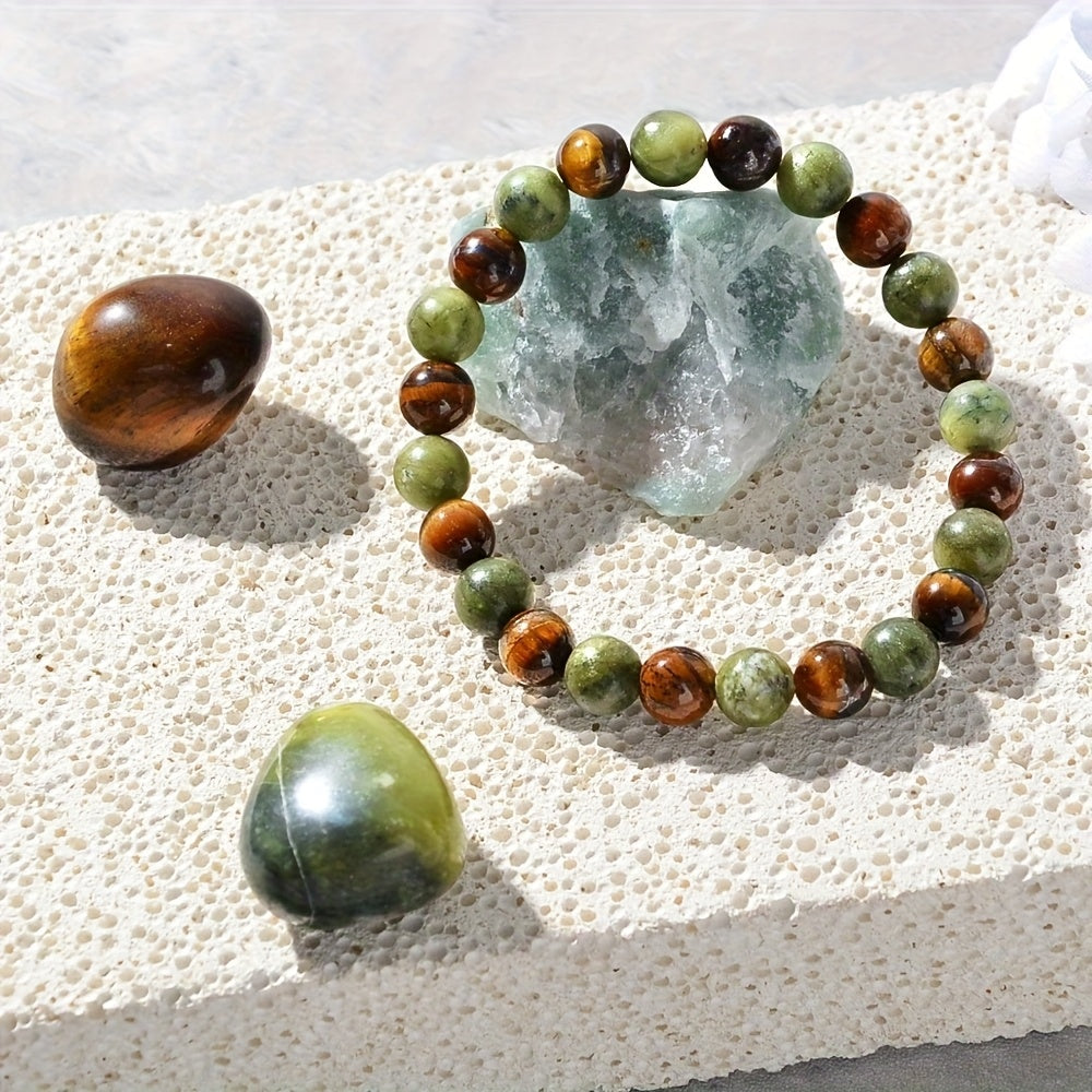 Bracelet de Perles Naturelles Chakra 8mm - Bijoux Bohème Artisanal pour Richesse & Prospérité, Protection des Yeux et Force Intérieure, Cadeau Spirituel Unisexe pour la Saint-Valentin, Fête des Mères, Fête des Pères, Charme de Prospérité, Esthétique Terre