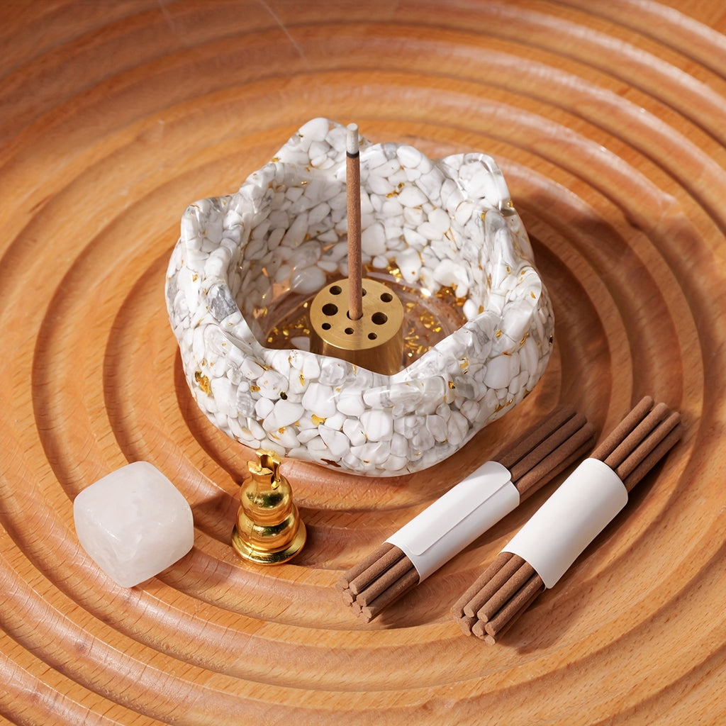 Ensemble de Brûleur d'Encens Lotus Runyangshi Zen avec Pierres de Cristal Naturelles - Décor Polyvalent Intérieur/Extérieur, Parfait pour la Maison & les Cérémonies du Thé, Colle en Gouttelettes, Fissures Irrégulières et Petits Trous